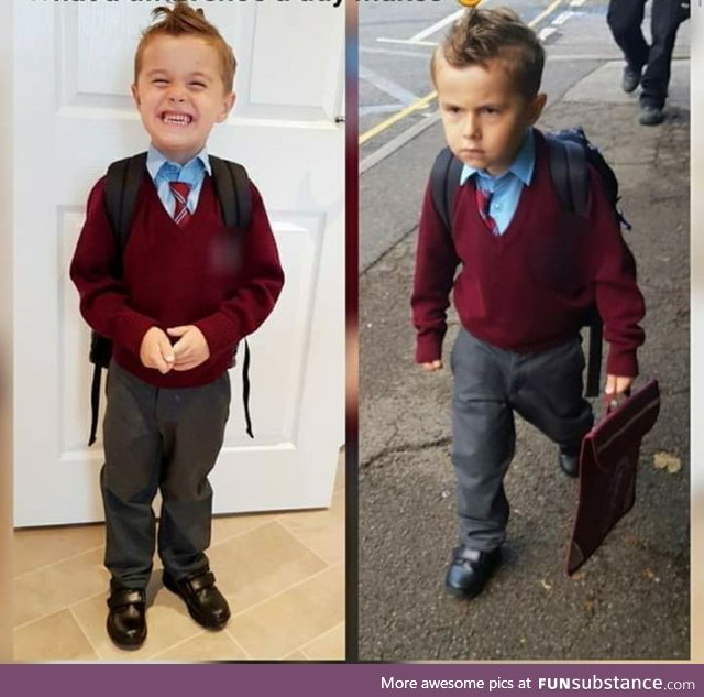 Before and after Pic of 5 year old on first day of School