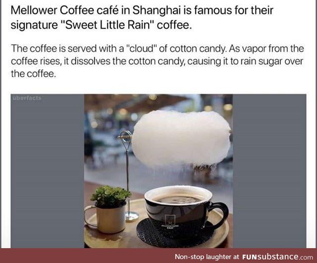 Coffee served with cloud of cotton candy. Vapour from the coffee causes it to rain sugar