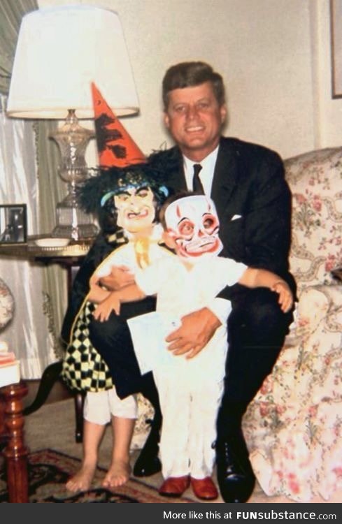 John F.Kennedy and his children John Jr. and Caroline at Halloween