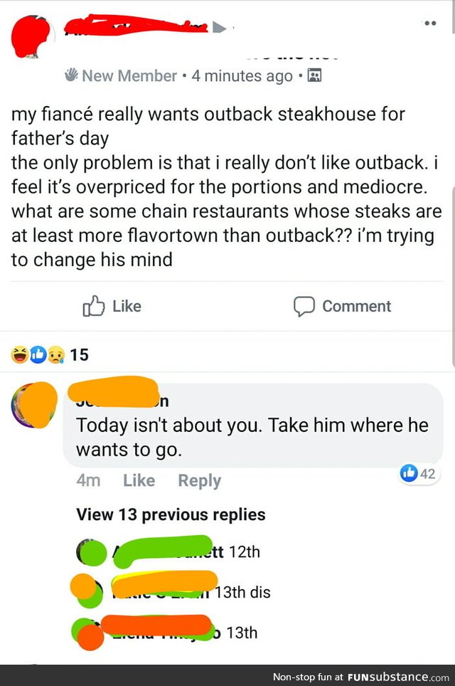 Let's celebrate Father's day by not letting him pick his own dinner
