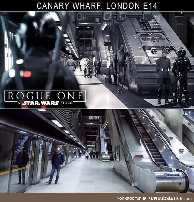 Rogue One: A Star Wars Story used Canary Wharf, Jubilee Line Station, and redressed it to