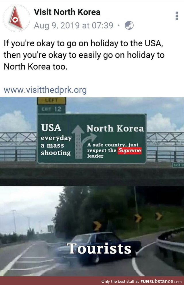 What f**king timeline is this when North Korean travel agencies post memes with this