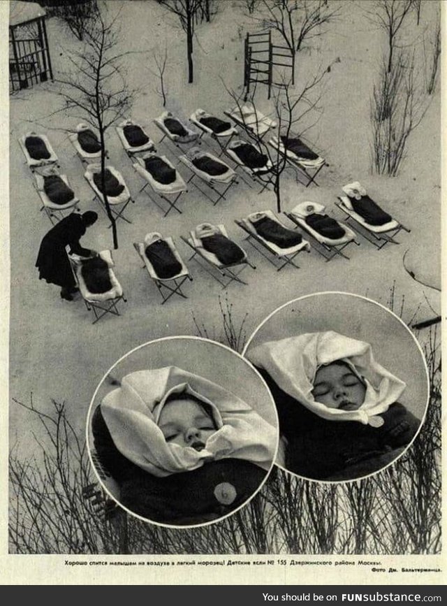 USSR, kindergarten - kids sleeping outside in winter to improve their immune system, 1958