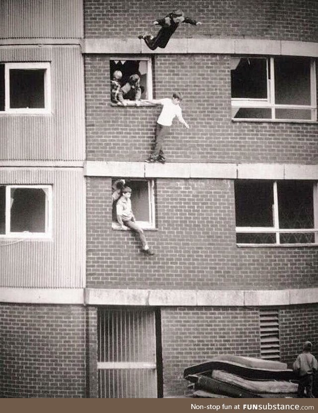 Kids jumping at a pile of mattresses, circa 1977