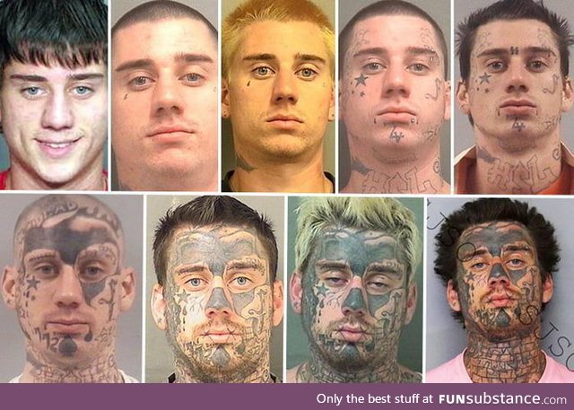 1 guy, 9 mug shots, each one with additional facial tattoos
