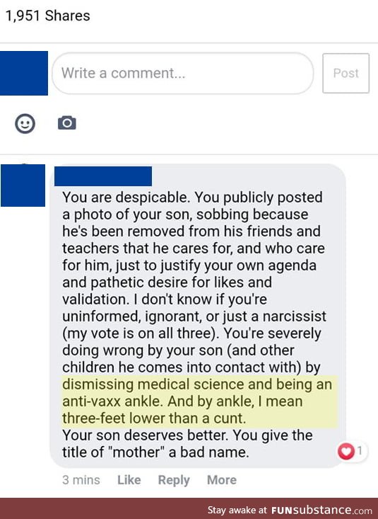 On a post by an anti-vax mom who was upset her son was barred from school