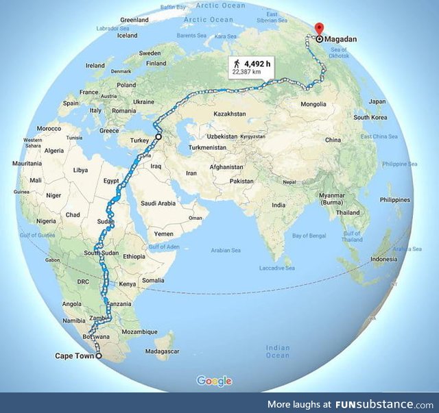 This map potentially shows one of the world's longest uninterrupted walks from Cape