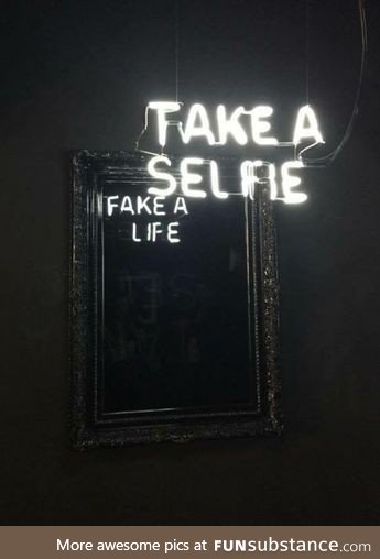 Camilo Matiz, Take a selfie / Fake a life, Neon, glass, wood frame, 99 × 154 cm.