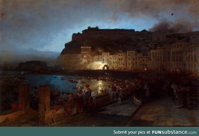 Oswald Achenbach (1827-1905) Fuochi d'artificio a Napoli - Borgo di Santa Lucia (1875)