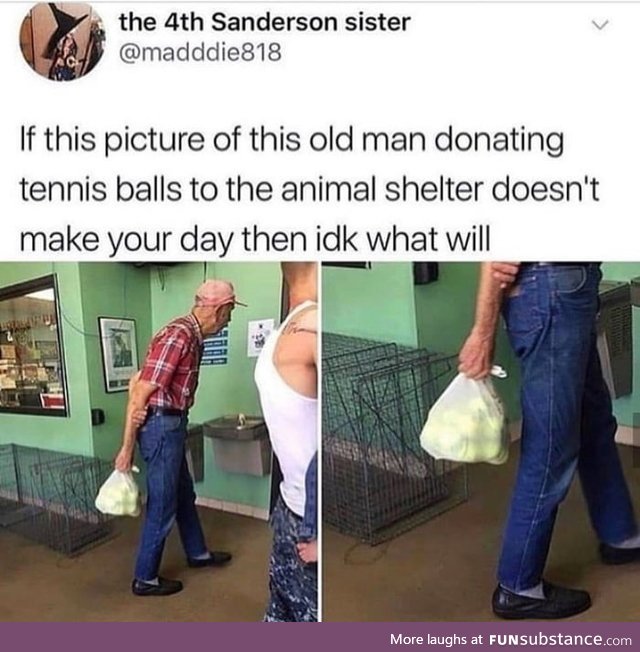 This old man donating tennis balls to an animal shelter