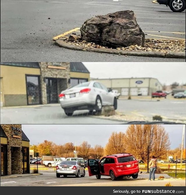 Local donut shop put a rock in their planter to keep people from driving over plants