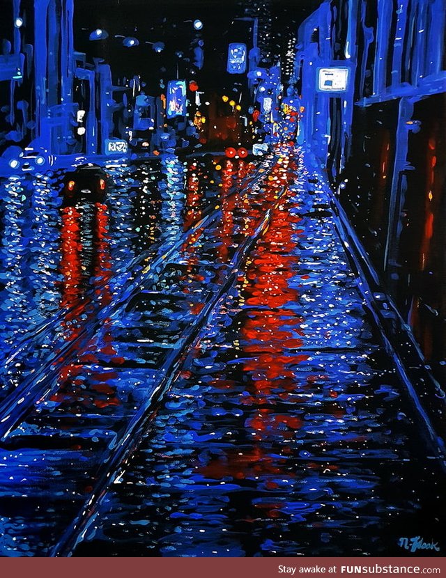 An acrylic painting I did of a rainy city at night - Flooko