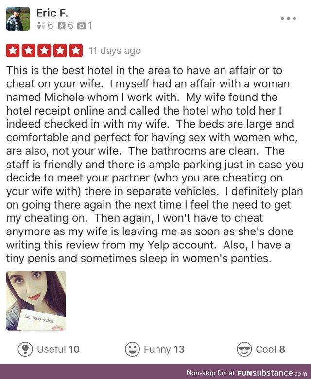 Wife finds husband cheating...Leaves a hotel review