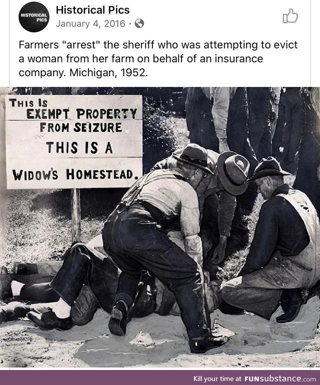 Farmers defending a widows home from an insurance company, circa 1952