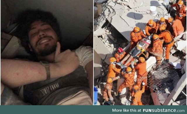 A building collapsed and this guy took a selfie under the wreckage to calm down his family