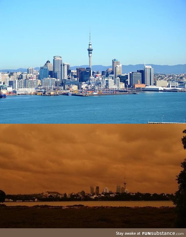 Auckland, New Zealand skyline as is usually above...Today below due to smoke blown over