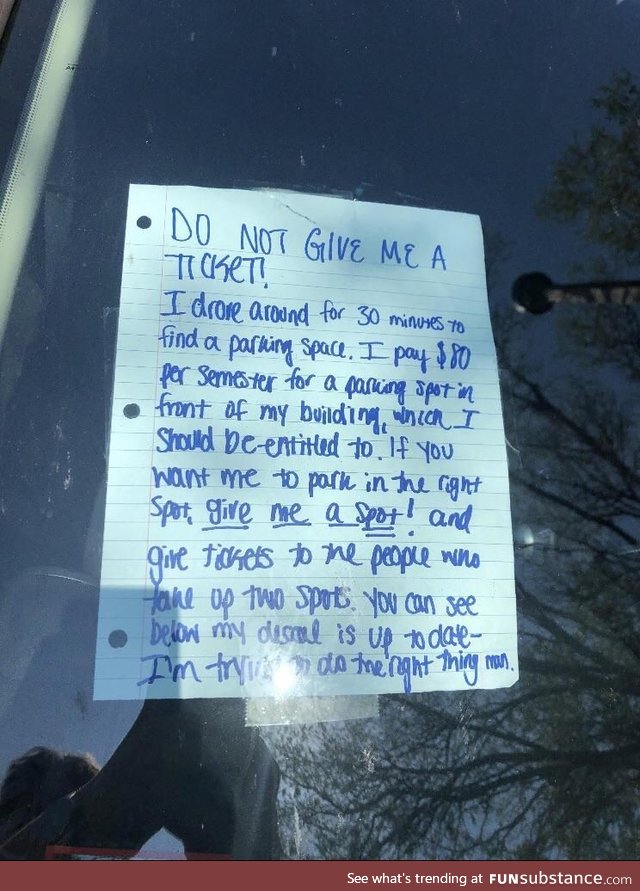 Note left behind by guy at my university who parked in the grass