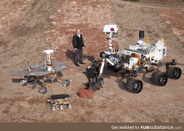 Left is Oppy, middle obviously human, Right is Curiosity.