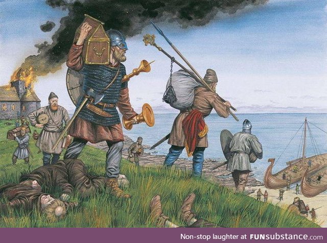 Good vikings save valuables from a burning house, while lazy locals are chilling on the