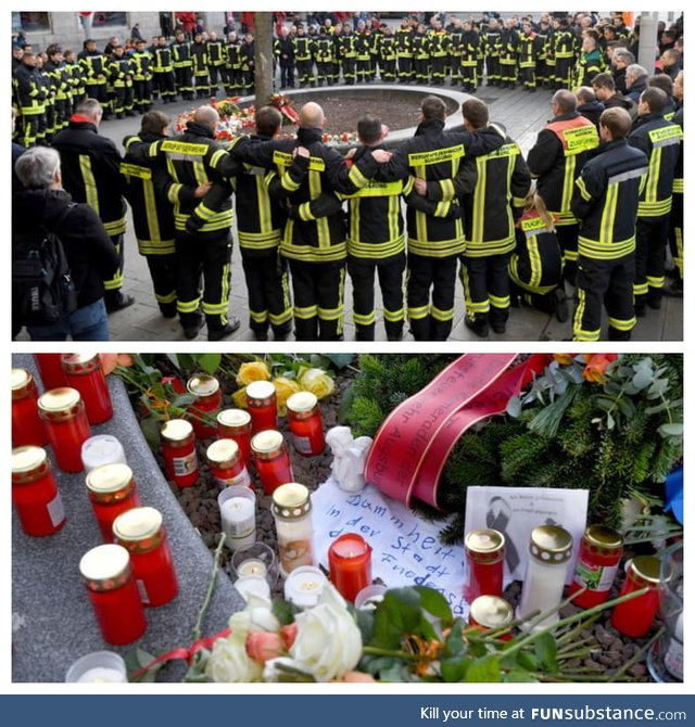 German firefighters mourn the loss of a colleague, who was beaten to death by a