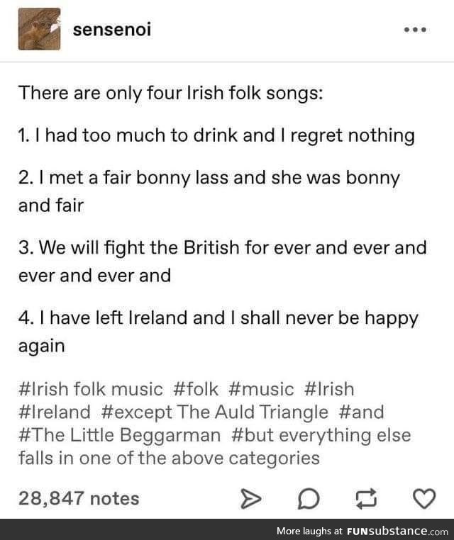 The Fifth Type of Irish Song is about what you do with the mad lad from the first song