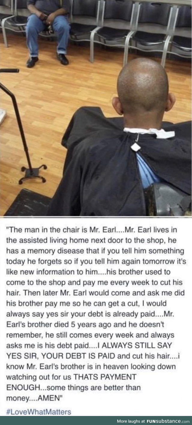 Barber being an absolute bro to a client with a memory problem