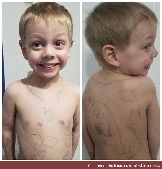 My 5 year old apparently let his brother draw tattoos all over him... Oh and those