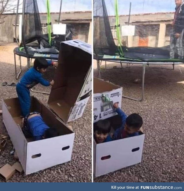 They were presented with a trampoline and they're playing with the damn box instead