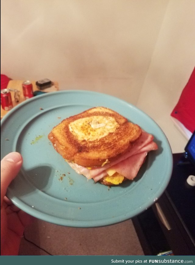 As promised: my Eggs In A Basket/Grilled Hot Ham & Cheese hybrid