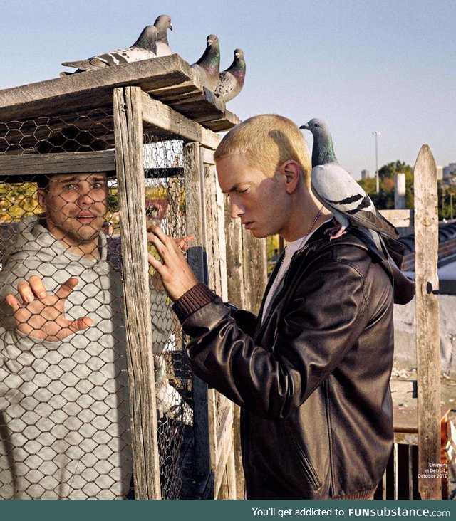 This photo of Eminem with a pigeon on his shoulder has a serene feel to it