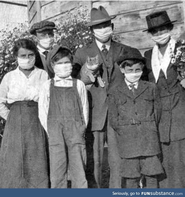 Even the cats got face masks during the Spanish Flu epidemic, circa 1920