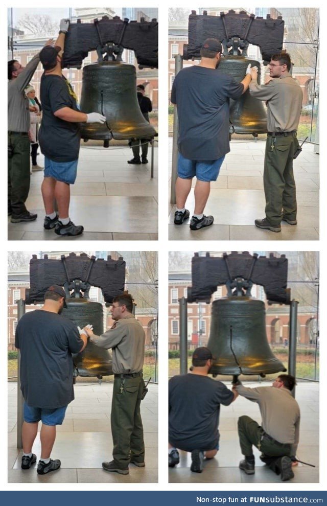 Bell center employee helps a blind citizen experience the liberty bell