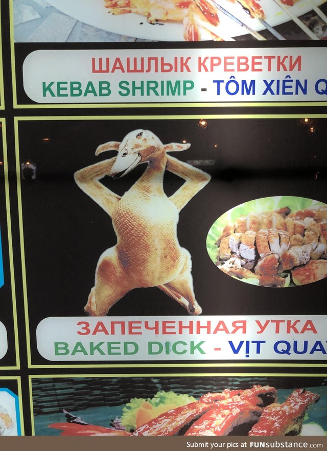 This seductive duck I found on a menu in Vietnam, complete with an excellent typo