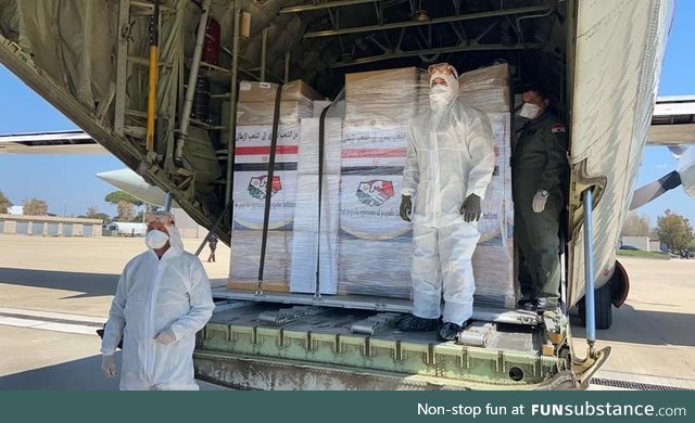 Egyptian military aircraft filled with with health aid has just landed in Italy. 'From