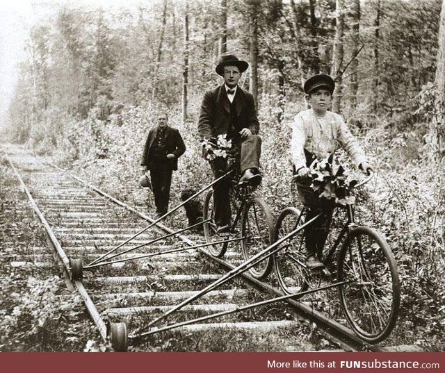 1910: Bikes that ran on railroad tracks, Pellston, Michigan