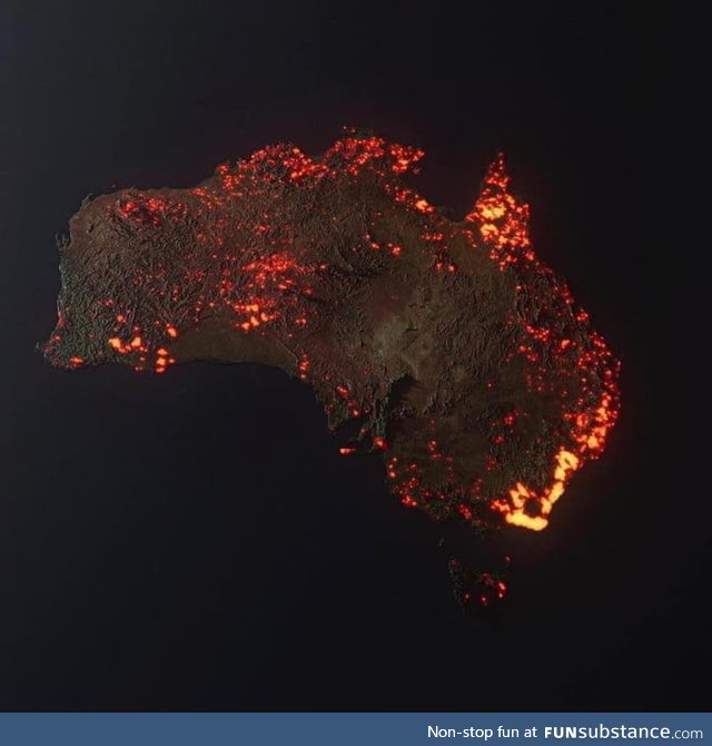 3D visualisation of the fires in Australia, made from NASA satellite data. These are all