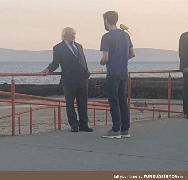 The President of Ireland ominously talking to the man with a parrot