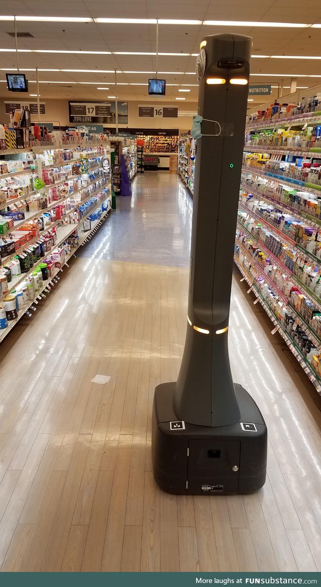 The grocery robot pleaded for 15 minutes for cleanup in Aisle 16 for a square of tissue