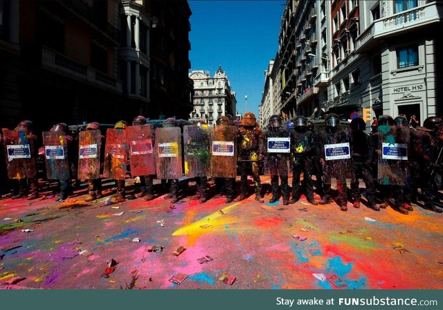 Protesters in Barcelona are using their artistic abilities