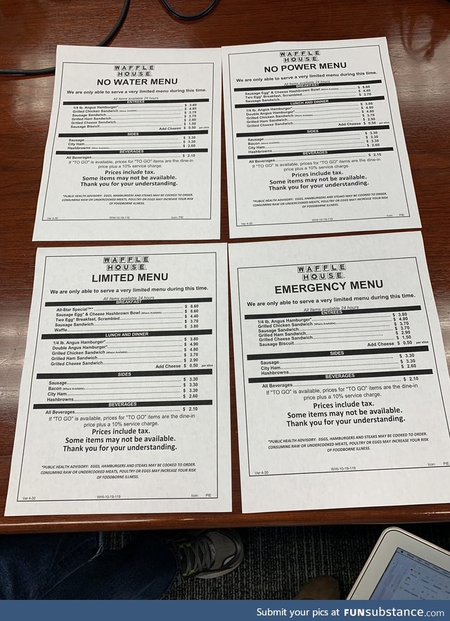 Waffle House has four “disaster menus” ready for each storm: No water, no power,