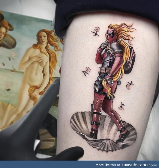 This tattoo by Kozo_tattoo depicting The Birth Of Deadpool