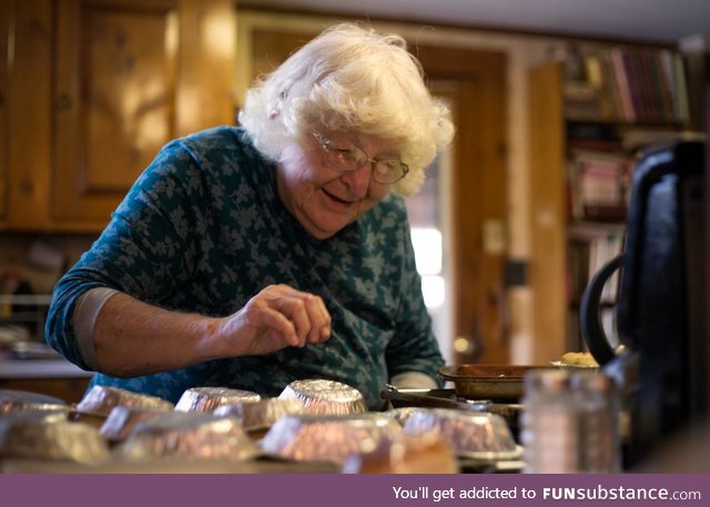 Just a wholesome picture of my 95-year-old grandmother baking cinnamon buns for Christmas