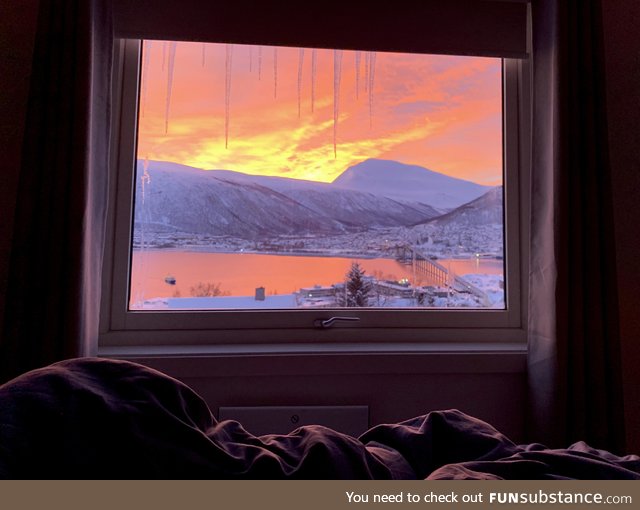 Hello World! View from my bedroom window this morning in TROMSØ, Norway