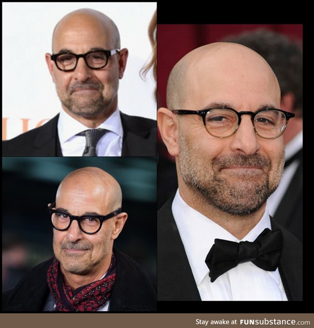 Stanley Tucci's red carpet look is always "I just got away with something"