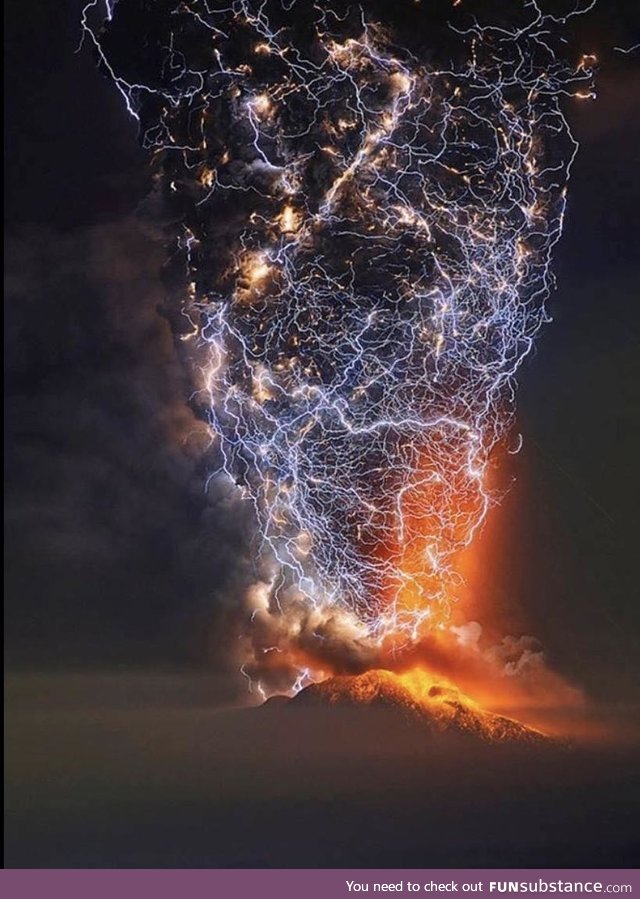 Mount Cabulco volcano in Chile erupting with flashes of lightning taken by time lapse