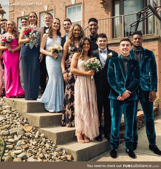 JuJu goes to prom with a fan and their velvet suits look animated