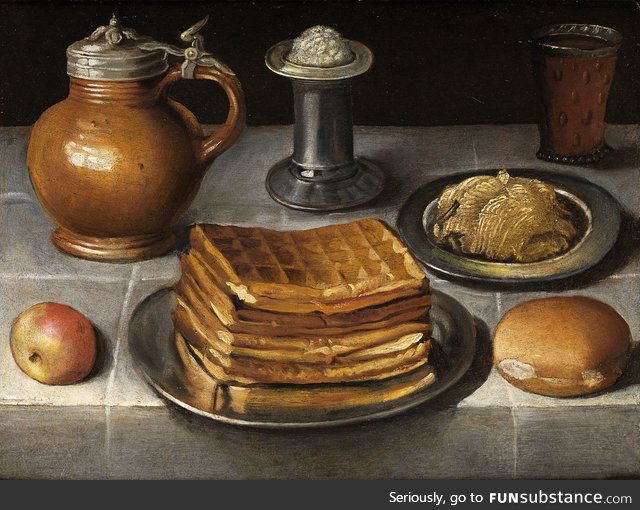 A painting of waffles by Georg Flegel from 1600s Germany