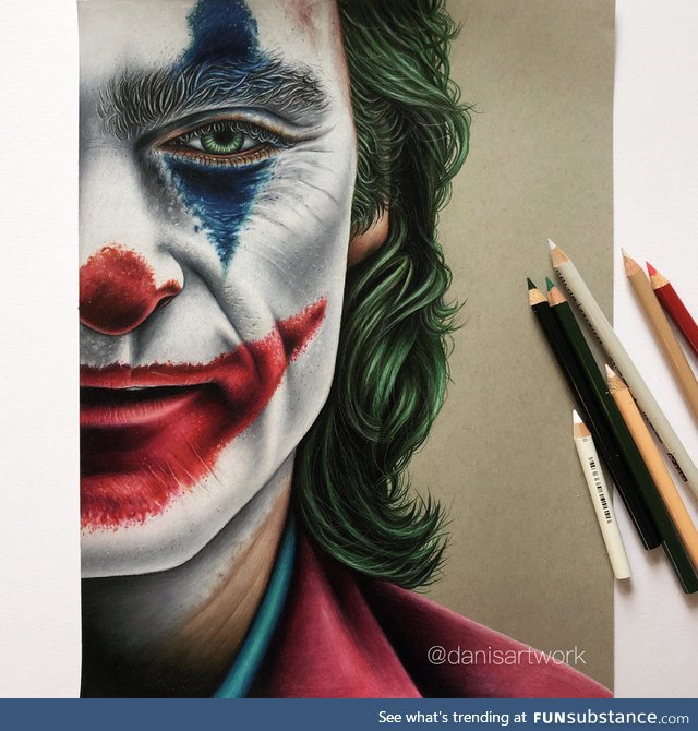 Finally finished my coloured pencil drawing of Joaquin Phoenix’s Joker!