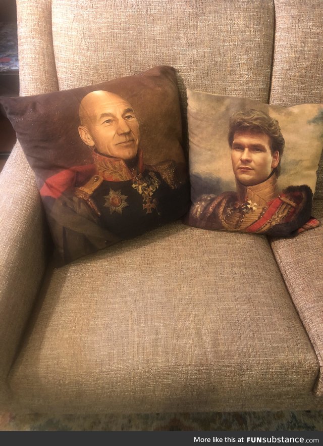 Allow me to introduce my throw pillows, “the dueling Patricks”