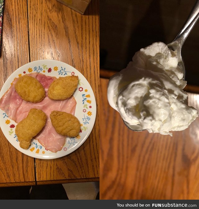 My 12 year old dog Sophie’s last meal. McNuggets on a bed of ham and a spoonful of